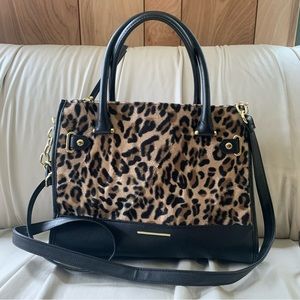 NWOT Faux Fur Textured Leopard Satchel Bag With Crossbody Strap